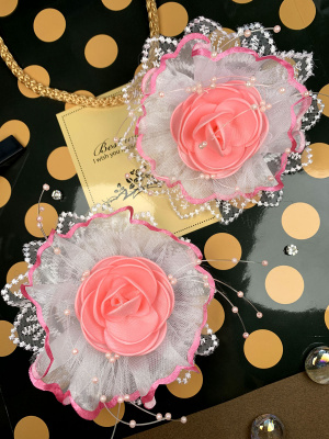 Банты на резинке &quot;Кружевной цветок&quot;. Розовые. Тычинки розовые. 2 шт.