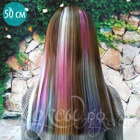 Цветные пряди волос на заколках. Светло-розовый + Голубой. 1 шт.