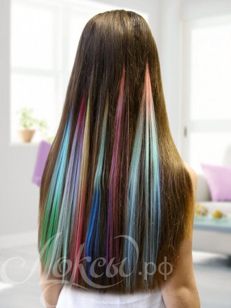 Цветные пряди волос на заколках. Сиреневый + Светло-розовый + светло-голубой.  1 шт.