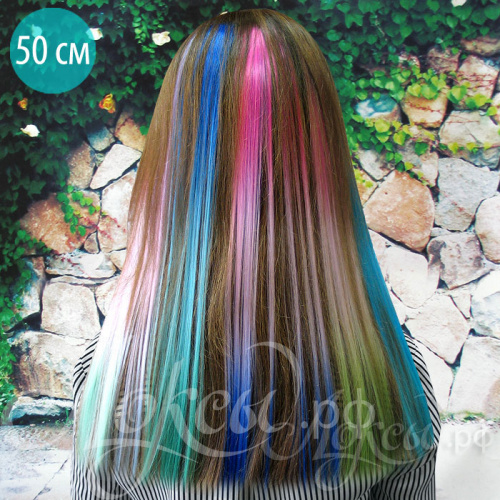 Цветные пряди волос на заколках. Ярко-васильковый + Морская волна+ Светло-изумрудный 1 шт.