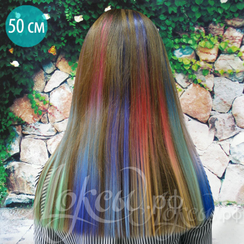 Цветные пряди волос на заколках. Синий + Лавандовый + Коралловый. 1 шт. 
