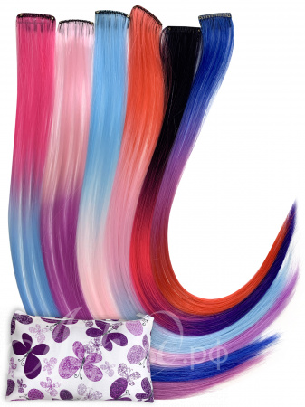 Цветные пряди на заколках «Рубиновая магия» Набор 6 шт. + косметичка